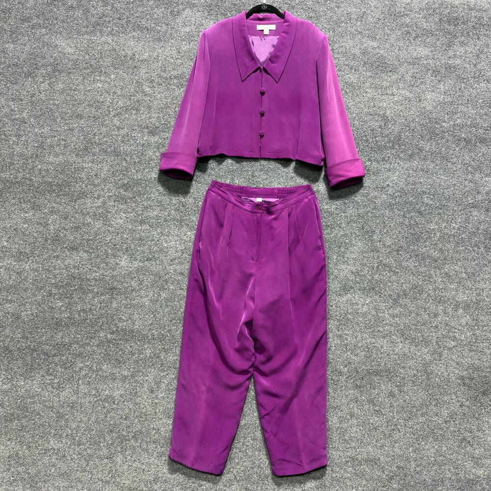 Miller Shor 2 Piece Jacket Pants Set Womens 14 Purple Silk Pleated Suit Cropped